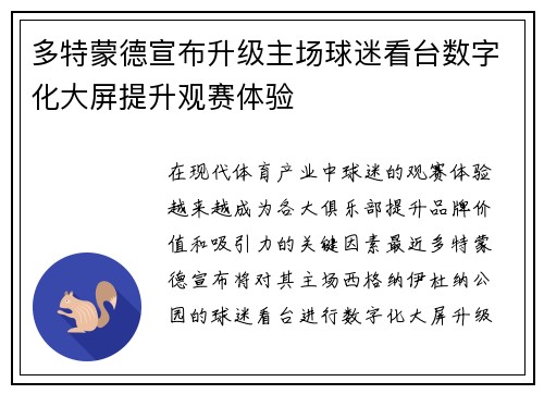 多特蒙德宣布升级主场球迷看台数字化大屏提升观赛体验